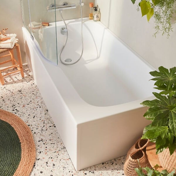 JACOB DELAFON - Pack baignoire bain douche antidérapante 170 x 90 Malice gauche blanc mat + pare bain + étagère pour pare bain - large