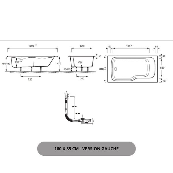 JACOB DELAFON - Pack baignoire bain douche 160 x 85 Malice version gauche + tablier en niche + pare bain + étagère pour pare bain - large