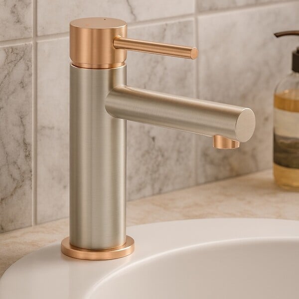 ESSEBAGNO - Envol mitigeur lavabo bas façon inox et or rose - large