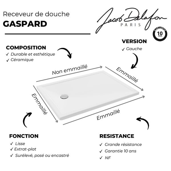 JACOB DELAFON - Receveur de douche 120 x 90 Gaspard extra-plat céramique bonde à gauche - large