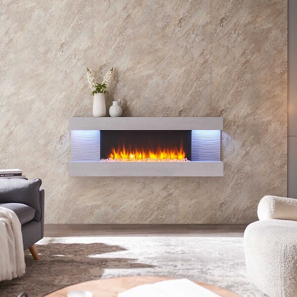 BALDERIA - Cheminée électrique BALDERIA Hestia - Cheminée sur pied, 2000 W - Aspect béton - large