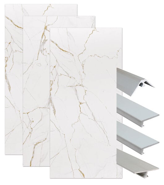 ONDEE - Pack complet de montage panneaux muraux Marbre Blanc 200 cm- Profilé chromé inclus - large