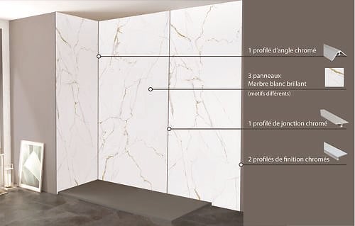 ONDEE - Pack complet de montage panneaux muraux Marbre Blanc 200 cm- Profilé chromé inclus - large