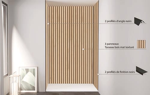 ONDEE - Pack montage 3 panneaux muraux en niche - Tasseau bois 120 cm - profilés noirs - large
