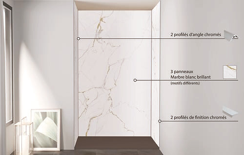 ONDEE - Pack montage 3 panneaux muraux en niche - marbre blanc 120 cm - profilés chromés - large