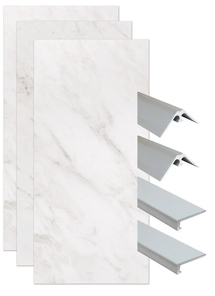 ONDEE - Pack montage 3 panneaux muraux en niche - marbre gris 120 cm - profilés chromés - large