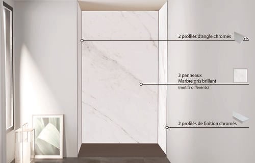 ONDEE - Pack montage 3 panneaux muraux en niche - marbre gris 120 cm - profilés chromés - large