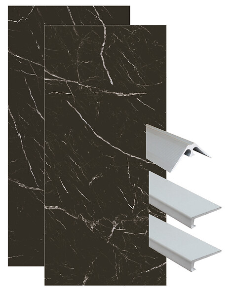 ONDEE - Pack complet de montage panneaux muraux Marbre Noir 120 cm - Profilé chromé inclus - large
