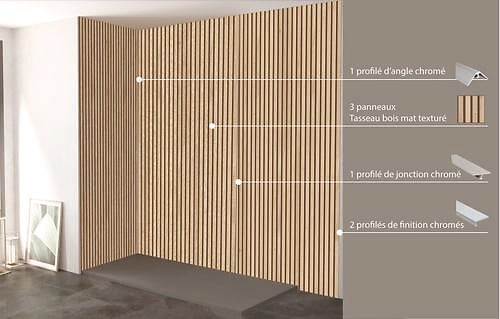 ONDEE - Pack complet de montage panneaux muraux Tasseau bois 200 cm - Profilé chromé inclus - large