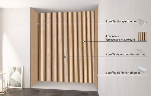 ONDEE - Pack montage 4 panneaux muraux en niche - Tasseau bois 200 cm - profilés chromés - large