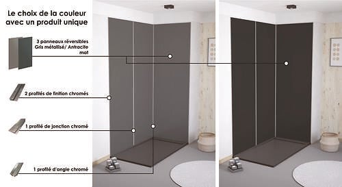 ONDEE - Pack montage 3 panneaux muraux en angle -  gris & anthracite 200 cm - profilés chromés - large