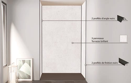 ONDEE - Pack de montage 3 panneaux muraux en niche - Terrazzo 120 cm - profilés noirs - large