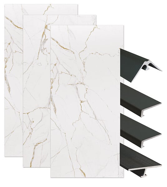 ONDEE - Pack de montage panneaux muraux Marbre Blanc effet mat 200 cm - Profilé noir - large