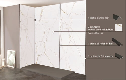 ONDEE - Pack de montage panneaux muraux Marbre Blanc effet mat 200 cm - Profilé noir - large