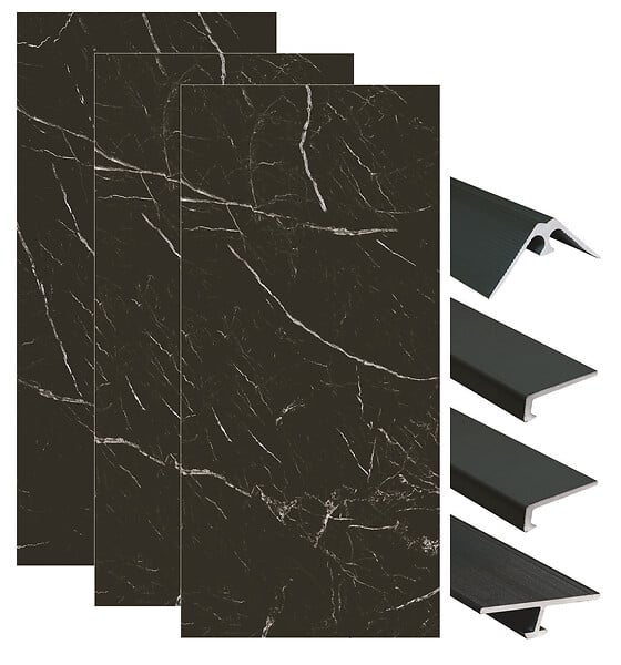 ONDEE - Pack complet de montage panneaux muraux Marbre Noir 200 cm - Profilé noir inclus - large