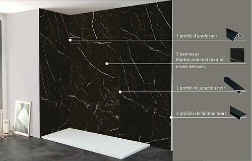 ONDEE - Pack complet de montage panneaux muraux Marbre Noir 200 cm - Profilé noir inclus - large