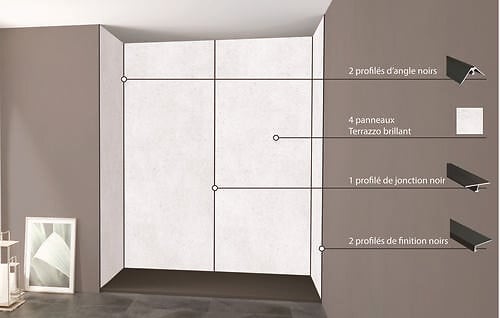 ONDEE - Pack de montage 4 panneaux muraux en niche - Terrazzo 200 cm - profilés noirs - large