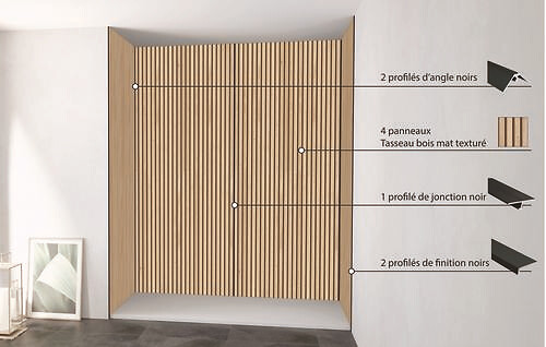 ONDEE - Pack montage 4 panneaux muraux en niche - Tasseau bois 200 cm - profilés noirs - large