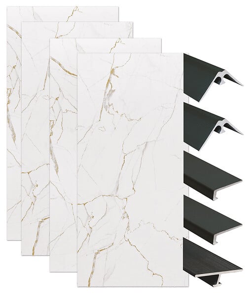 ONDEE - Pack montage 4 panneaux muraux en niche - marbre blanc mat 200 cm - profilés noirs - large