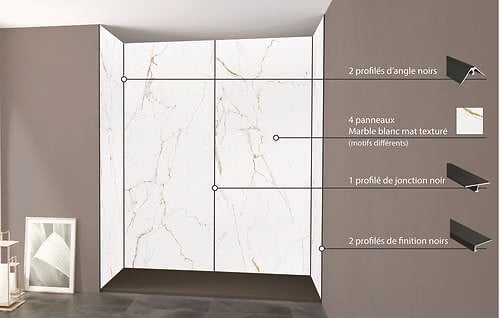 ONDEE - Pack montage 4 panneaux muraux en niche - marbre blanc mat 200 cm - profilés noirs - large