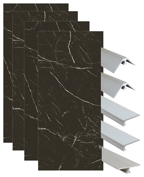 ONDEE - Pack montage 4 panneaux muraux en niche - marbre noir 200 cm - profilés chromés - large