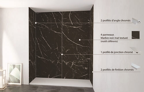 ONDEE - Pack montage 4 panneaux muraux en niche - marbre noir 200 cm - profilés chromés - large