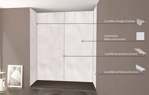 ONDEE - Pack de montage 4 panneaux muraux en niche - Béton 200 cm - profilés chromés - large