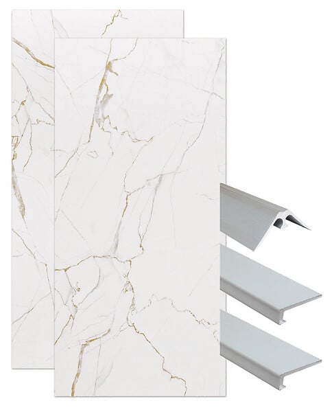 ONDEE - Pack montage 2 panneaux muraux en angle - marbre blanc 120 cm - profilés chromés - large