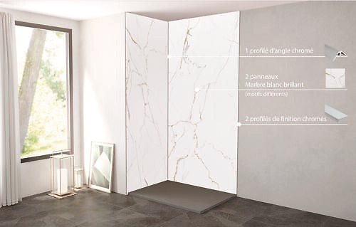 ONDEE - Pack montage 2 panneaux muraux en angle - marbre blanc 120 cm - profilés chromés - large