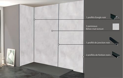 ONDEE - Kit montage Panneaux muraux Angle PALOMA Béton L200cm max - profilé noir - large