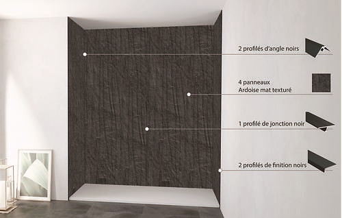 ONDEE - Pack de montage 4 panneaux muraux en niche - Ardoise 200 cm - profilés noirs - large