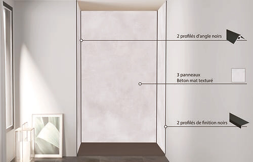 ONDEE - Pack de montage 3 panneaux muraux en niche - Béton 120 cm - profilés noirs - large