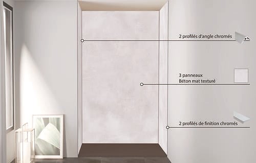 ONDEE - Pack de montage 3 panneaux muraux en niche - Béton 120 cm - profilés chromés - large