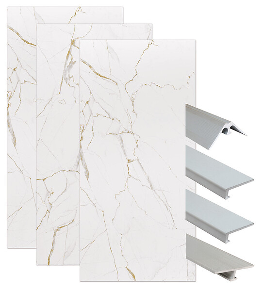 ONDEE - Pack de montage panneaux muraux Marbre Blanc effet mat 200 cm - Profilé chromé - large