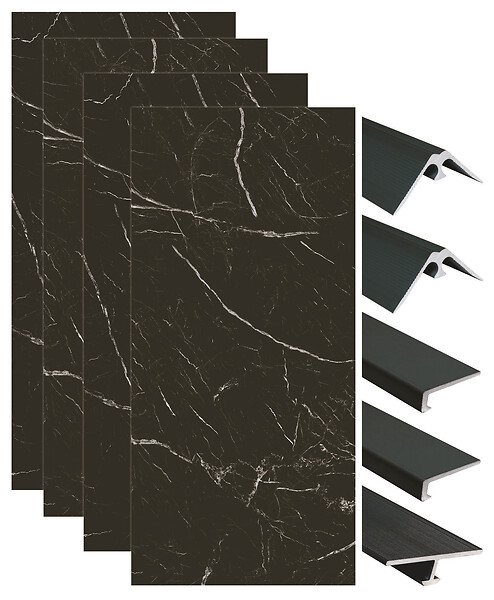 ONDEE - Pack de montage 4 panneaux muraux en niche - marbre noir 200 cm - profilés noirs - large