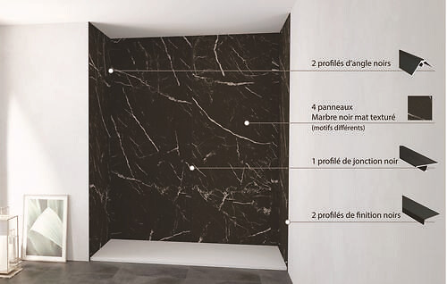 ONDEE - Pack de montage 4 panneaux muraux en niche - marbre noir 200 cm - profilés noirs - large