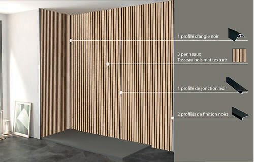 ONDEE - Pack complet de montage panneaux muraux Tasseau bois 200 cm - Profilé noir inclus - large