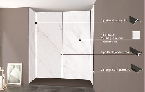ONDEE - Pack montage 4 panneaux muraux en niche - marbre gris 200 cm - profilés noirs - large