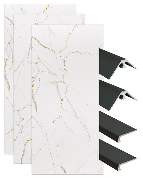 ONDEE - Pack montage 3 panneaux muraux en niche - marbre blanc mat 120 cm - profilés noirs - large