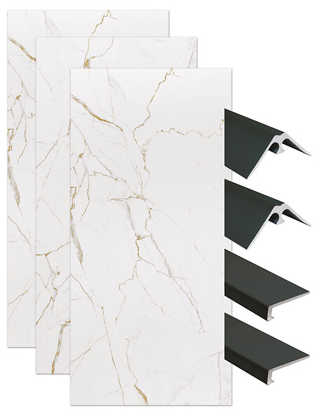 ONDEE - Pack montage 3 panneaux muraux en niche - marbre blanc 120 cm - profilés noirs - large