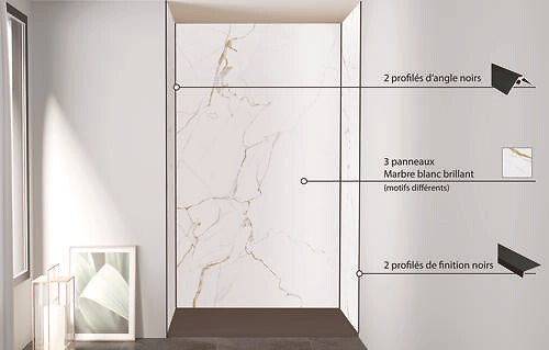 ONDEE - Pack montage 3 panneaux muraux en niche - marbre blanc 120 cm - profilés noirs - large