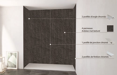 ONDEE - Pack de montage 4 panneaux muraux en niche - Ardoise 200 cm - profilés chromés - large