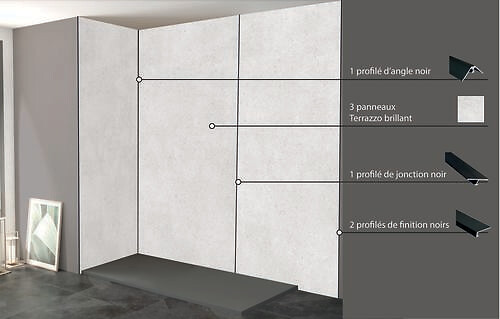 ONDEE - Pack complet de montage panneaux muraux Terrazzo 200 cm - Profilé noir inclus - large