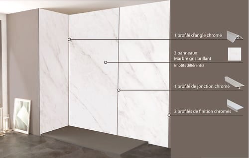 ONDEE - Pack complet de montage panneaux muraux Marbre Gris 120 cm - Profilé noir inclus - large