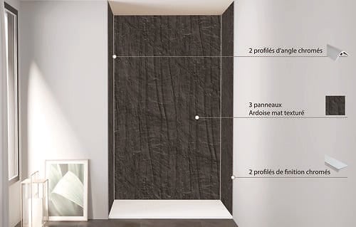 ONDEE - Pack de montage 3 panneaux muraux en niche - Ardoise 120 cm - profilés chromés - large