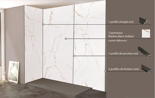ONDEE - Kit montage Panneaux muraux Angle ORMA Marbre Blanc L200cm max - profilé noir - large