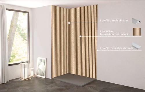ONDEE - Pack complet de montage panneaux muraux Tasseau bois 120 cm - Profilé chromé inclus - large