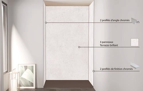 ONDEE - Pack montage 3 panneaux muraux en niche - Terrazzo 120 cm - profilés chromés - large
