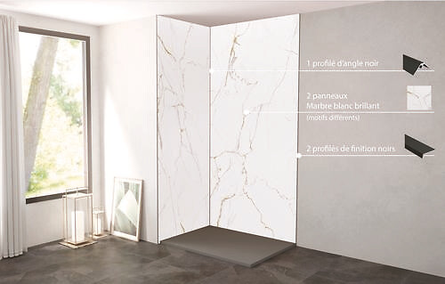 ONDEE - Pack complet de montage panneaux muraux Marbre Blanc 120 cm- Profilé noir inclus - large
