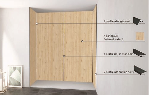 ONDEE - Pack de montage 4 panneaux muraux en niche - Bois 200 cm - profilés noirs - large